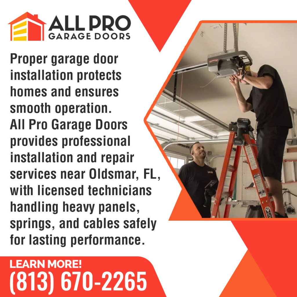 Technician adjusting the settings on a mounted garage door opener unit. Benefits listed include security, energy savings in Florida heat, material options (steel, wood), smart opener upgrades, and professional installation. All Pro Garage Doors. 