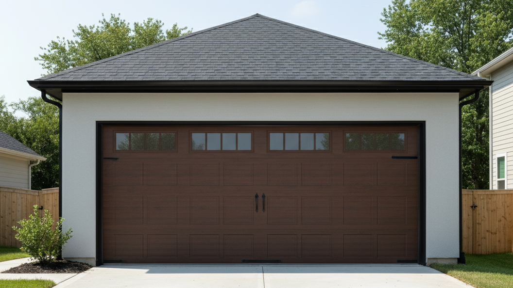 Double-car garage with a wide wood-style garage door featuring decorative windows and hardware, set in a modern residential driveway.