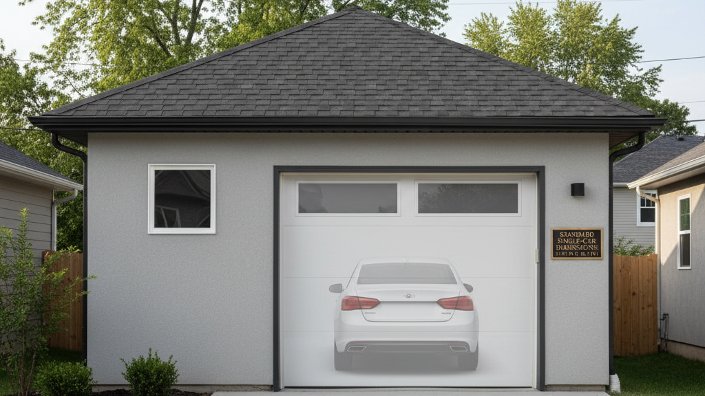 Single-car garage with a standard-sized garage door featuring a car graphic overlay, located in a residential driveway with trees in the background.