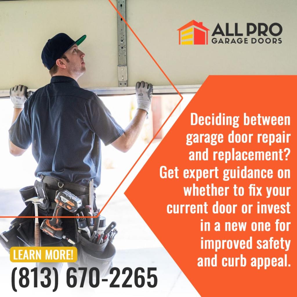 Promotional image for All Pro Garage Doors featuring a technician inspecting a garage door track.