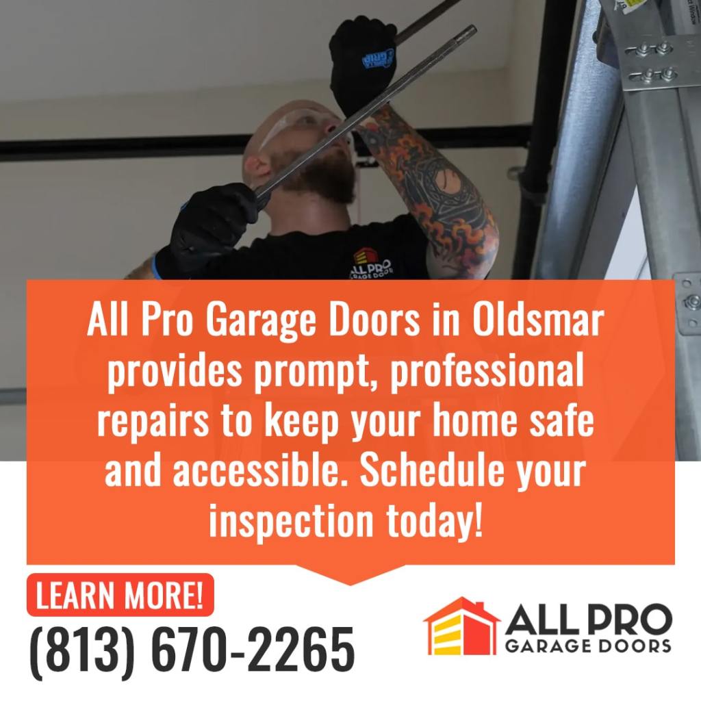 Promotional image for All Pro Garage Doors, featuring a technician in safety glasses and gloves repairing a garage door mechanism.