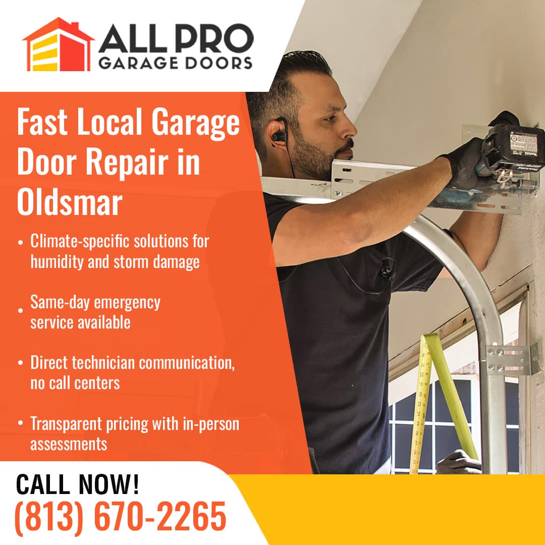 All Pro Garage Doors technician repairing a garage door opener, offering fast local garage door repair services in Oldsmar, Florida.