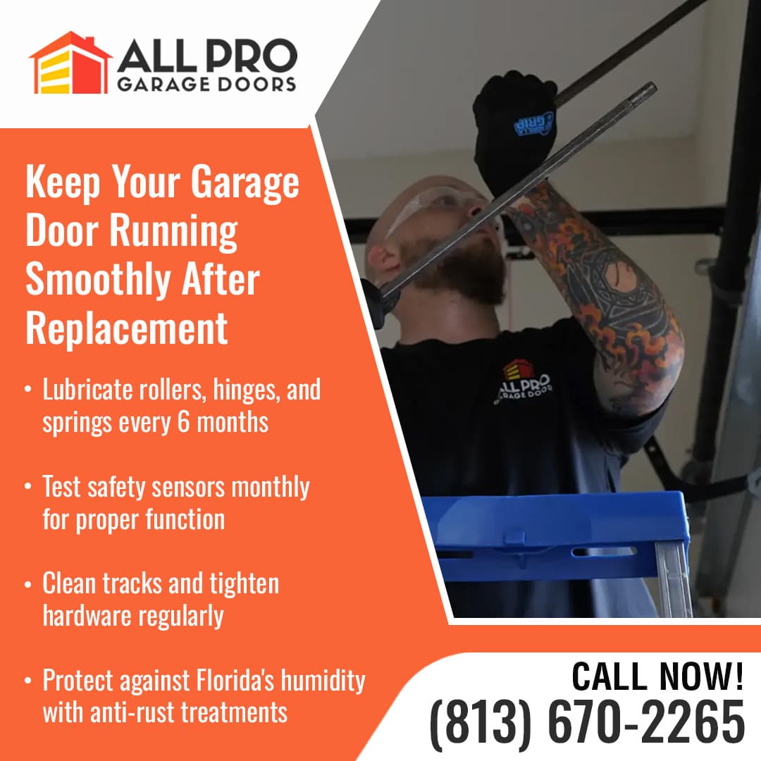 Garage door technician lubricating and adjusting hardware during post-replacement maintenance service