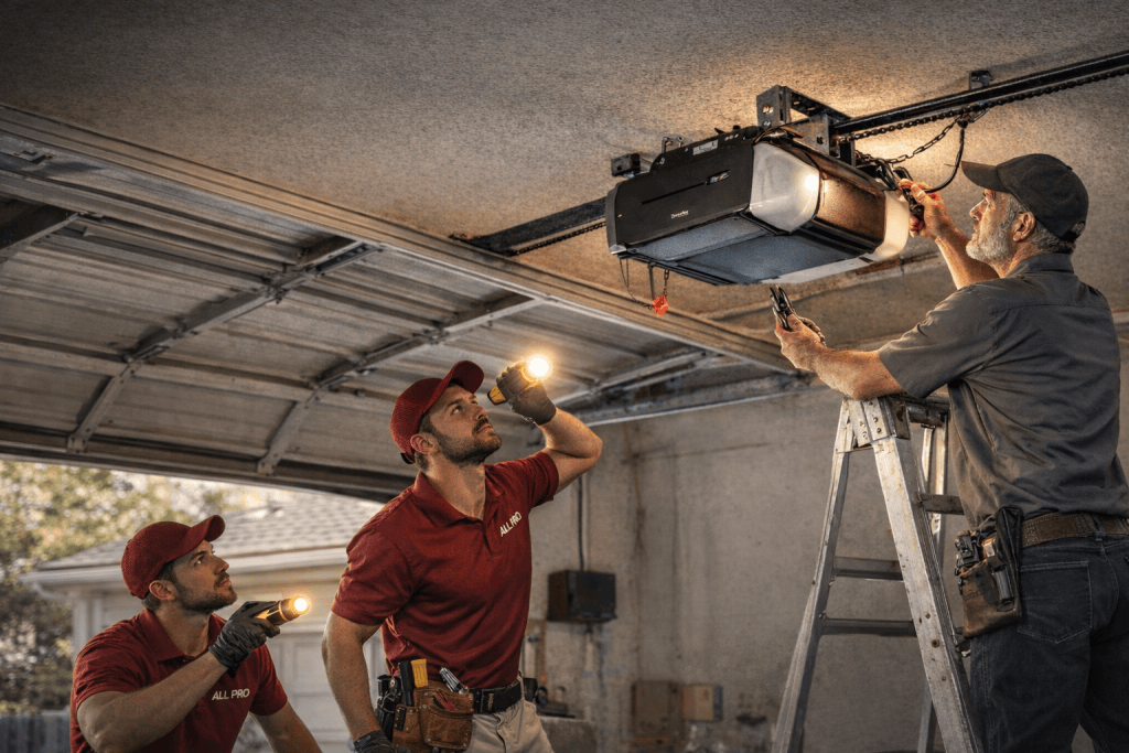 Two garage door technicians inspecting and repairing an aging residential garage door motor, using a flashlight and tools, with the garage door partially open and sunlight coming through.