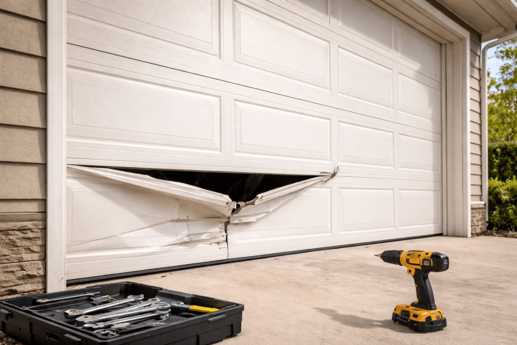 A white garage door with a severely damaged lower panel showing large dents and cracks. In front of the door, a black toolbox with wrenches and a yellow cordless drill rests on the driveway. Bright sunlight highlights the metal deformation and the tools, emphasizing the need for garage door panel repair or