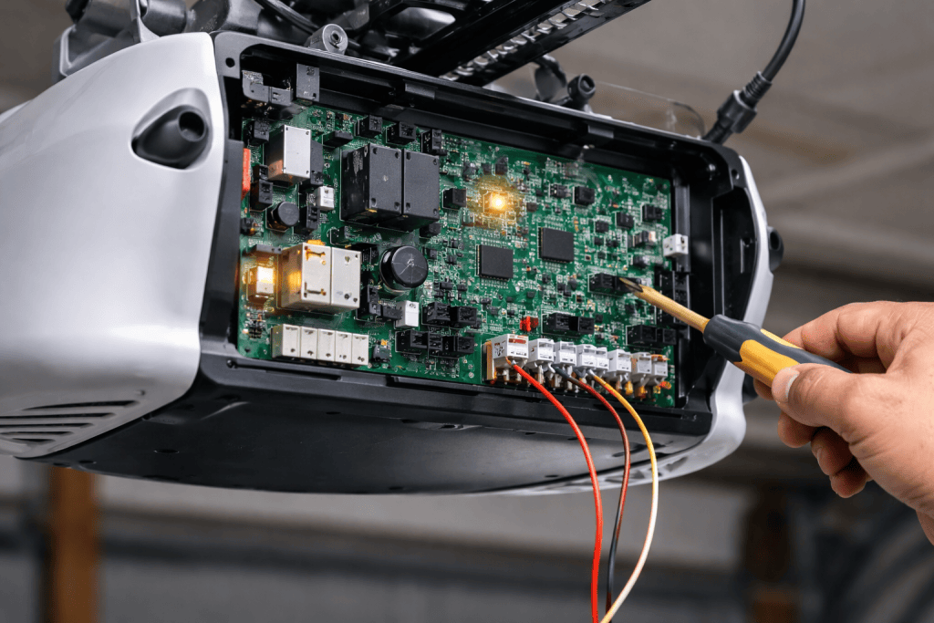 Close-up of a garage door opener’s logic board with capacitors, relays, and a glowing LED. A technician uses a screwdriver to inspect the board, which is connected to multiple colored wires, highlighting the internal components of a garage door opener system