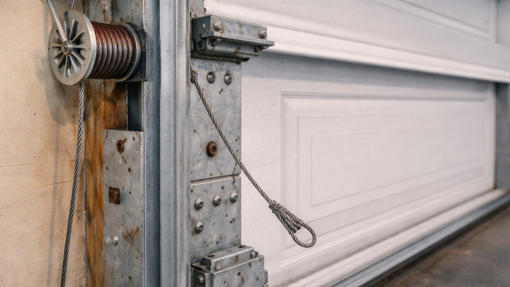 Garage door cable off track hanging loose beside a residential garage door with visible cable drum.