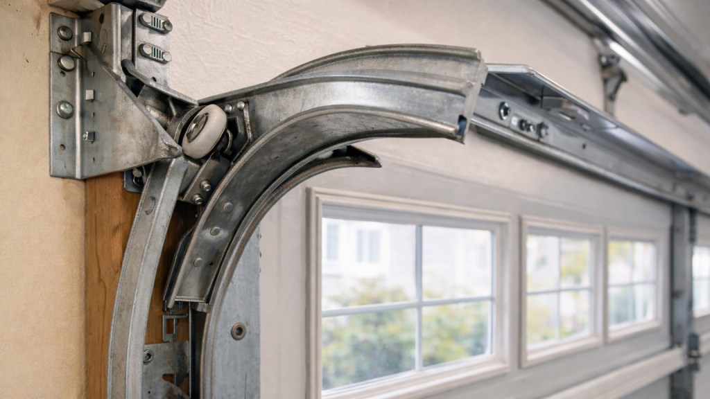 Close-up of a misaligned garage door track with roller out of position on a residential garage door.