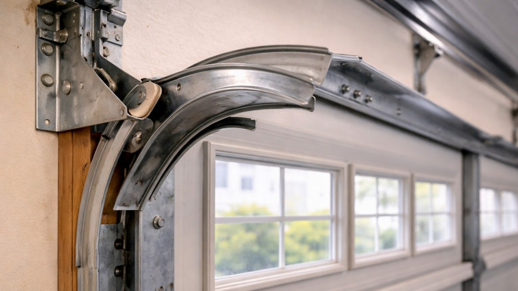Bent garage door track with visible deformation affecting the smooth movement of a residential garage door.