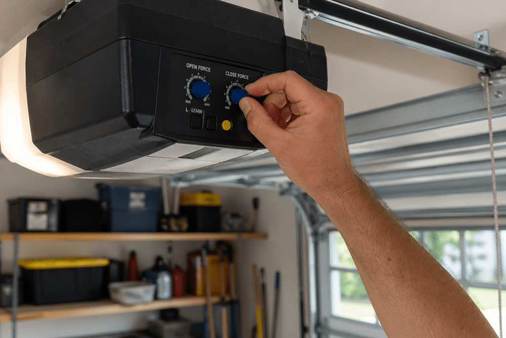 Close-up landscape view inside a well-lit residential garage showing a ceiling-mounted garage door opener unit. A hand is adjusting the force control dial labeled for opening and closing settings, with visible blue adjustment knobs and indicator markings. The background includes organized garage storage shelves, tools, and a partially visible open garage door track system, emphasizing maintenance and garage door force adjustment in a practical setting.