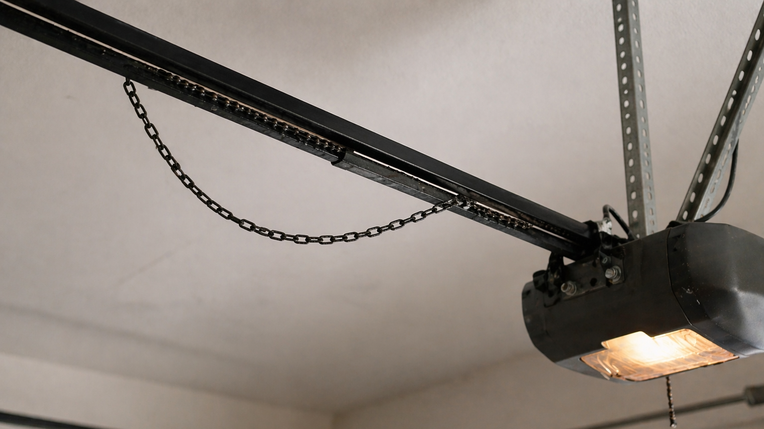 Loose garage door opener chain hanging slack along the rail system inside a residential garage.