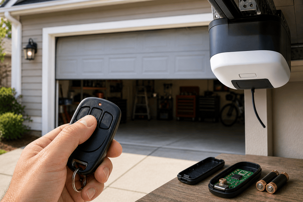 Hand holding a black garage door remote in front of an open residential garage, with the garage door opener unit visible on the right and an out-of-focus workshop interior in the background, illustrating remote operation and troubleshooting context.