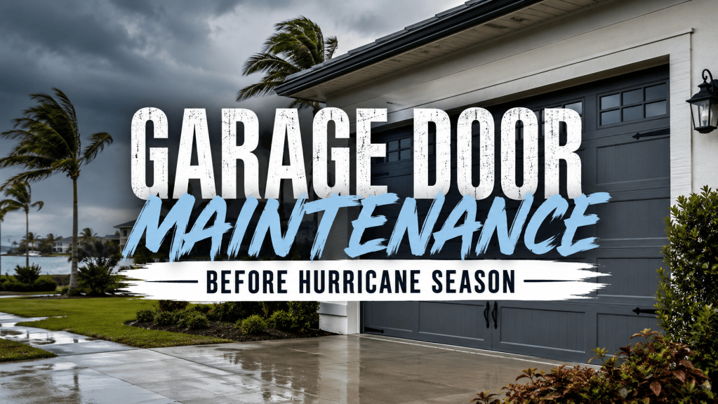 A modern home with a reinforced garage door stands under dark storm clouds and strong winds, highlighting the importance of garage door maintenance before hurricane season. Bold title text overlays the image in a dramatic, high-contrast design.