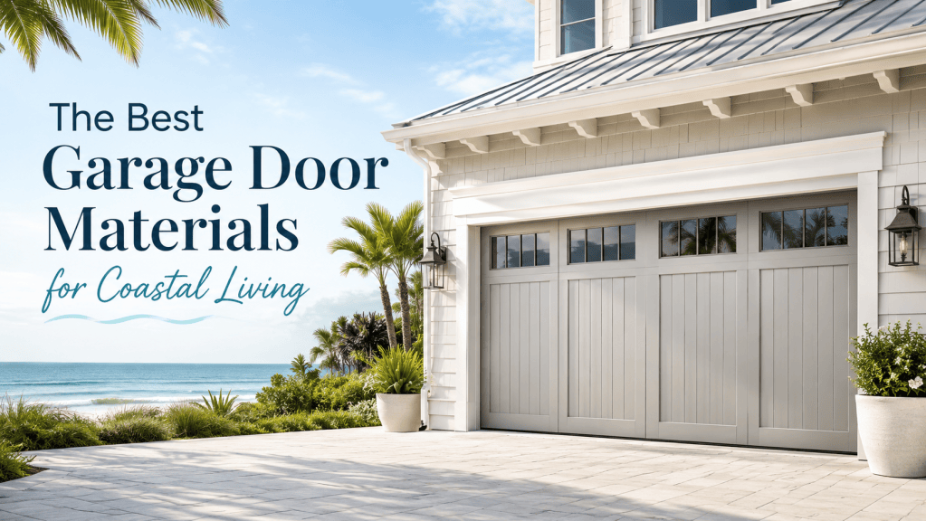 Coastal-style home with a durable gray garage door, palm trees, and an ocean view under bright blue skies.