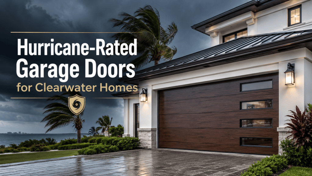 Modern Clearwater home with a hurricane-rated garage door, windblown palm trees, storm clouds, and a rain-soaked driveway.