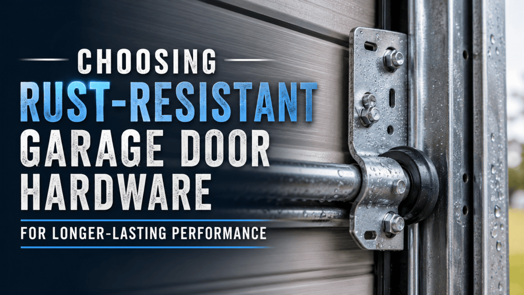 Close-up of rust-resistant garage door hardware, including metal rollers, brackets, and tracks with a clean galvanized finish, alongside the title "Choosing Rust-Resistant Garage Door Hardware for Longer-Lasting Performance" in bold white and blue text on a dark background.