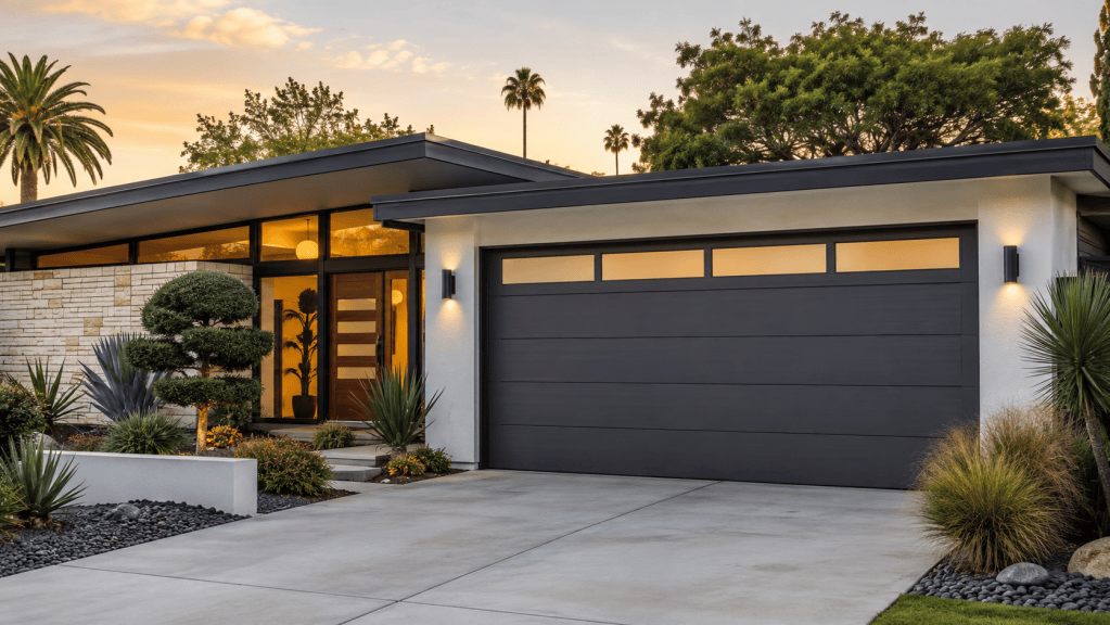 Modern mid-century home with a sleek horizontal-panel garage door, clean architectural lines, landscaped front yard, and contemporary curb appeal at sunset.
