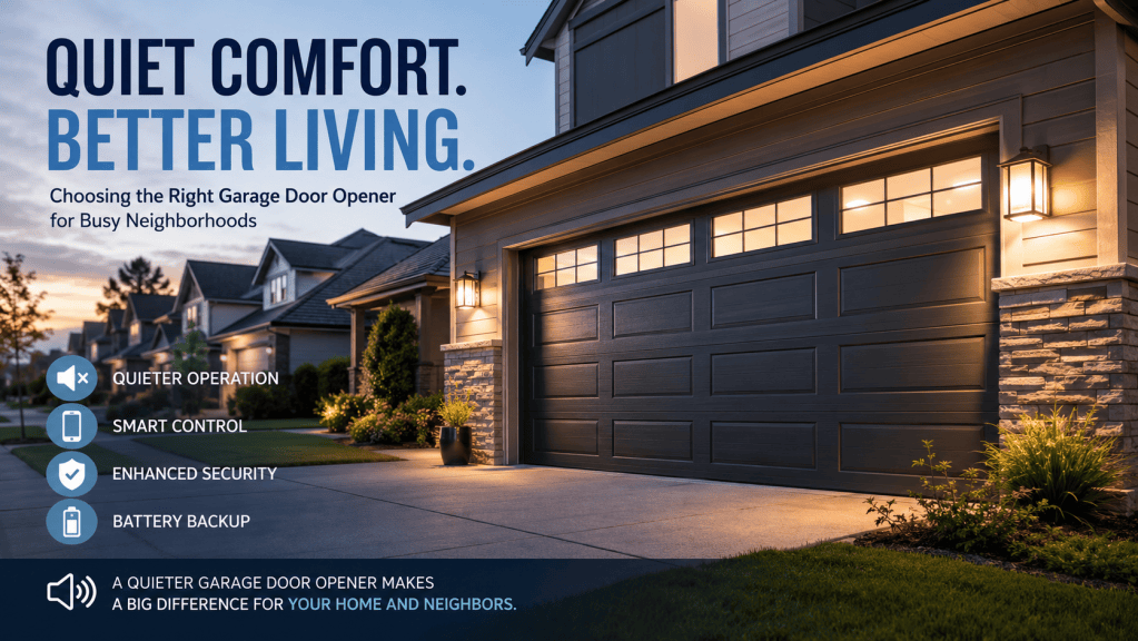 Modern suburban home with a sleek garage door at dusk, illustrating a quiet belt-drive garage door opener designed for smooth, low-noise operation in busy residential neighborhoods.