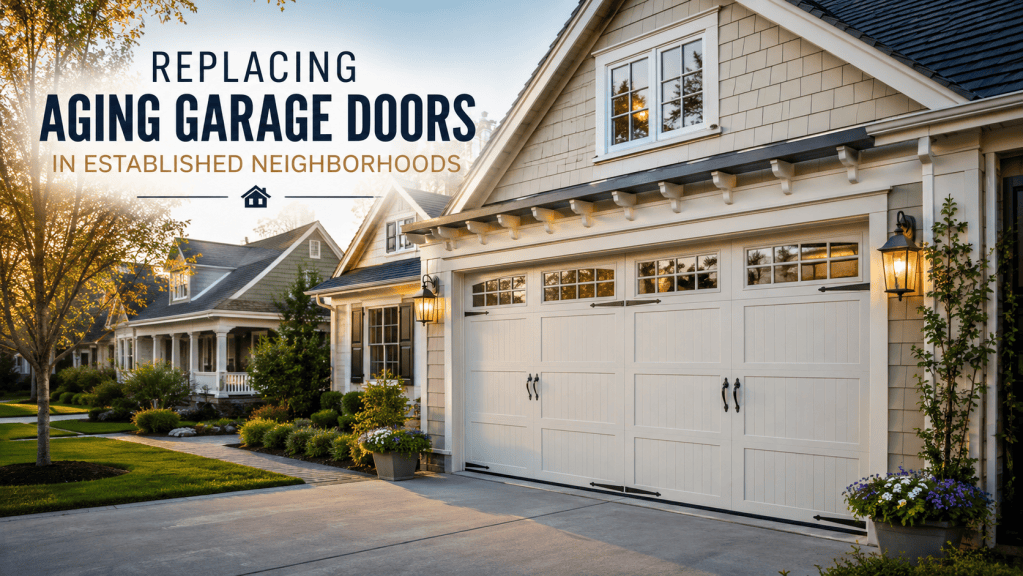 Modern suburban home in an established neighborhood featuring a newly installed white carriage-style garage door, landscaped front yard, and clean driveway, illustrating the benefits of replacing an aging garage door to improve curb appeal and home value.