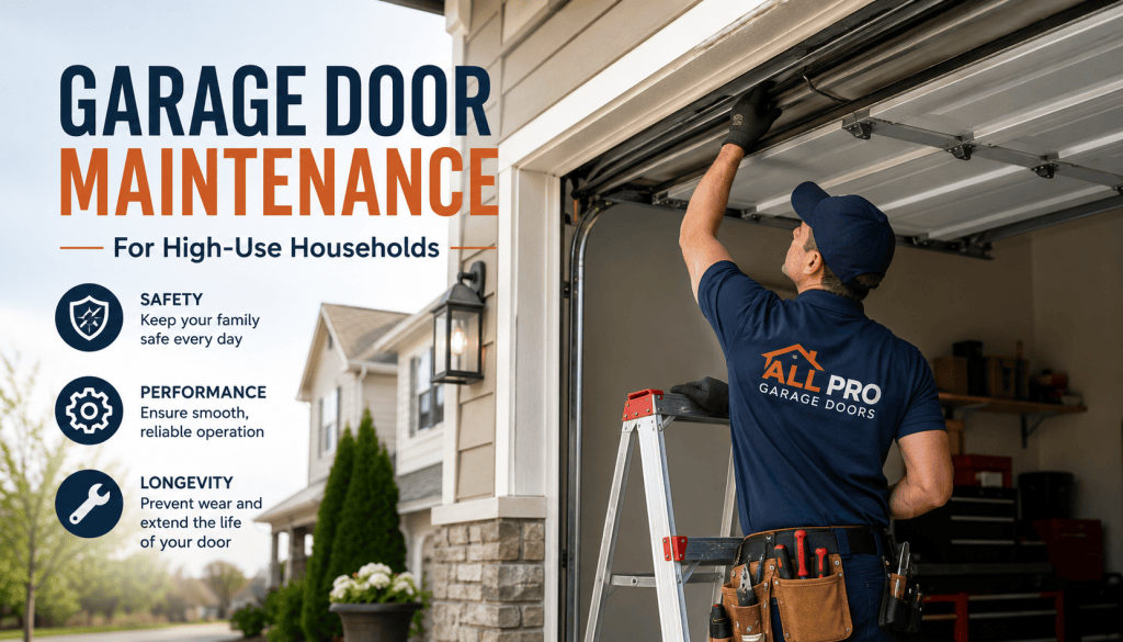 All Pro Garage Doors technician performing routine maintenance on a residential garage door for a high-use household.