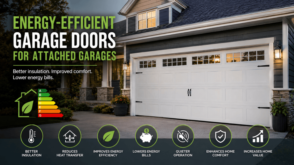 Energy-efficient garage door on an attached suburban home, highlighting insulation, reduced heat transfer, improved energy efficiency, lower energy bills, and enhanced home comfort.