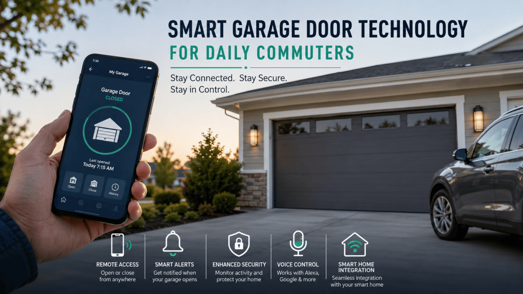Smart garage door technology for daily commuters, featuring smartphone remote access, security alerts, voice control, and smart home integration.