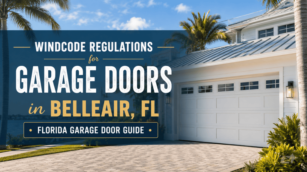 White garage door on a Florida coastal home with palm trees, featuring text about WindCode regulations for garage doors in Belleair, FL.
