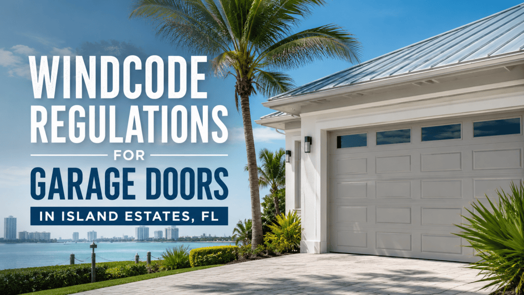 Modern coastal home with a garage door in Island Estates, Florida, beside waterfront scenery and palm trees, with text reading “WindCode Regulations for Garage Doors in Island Estates, FL.