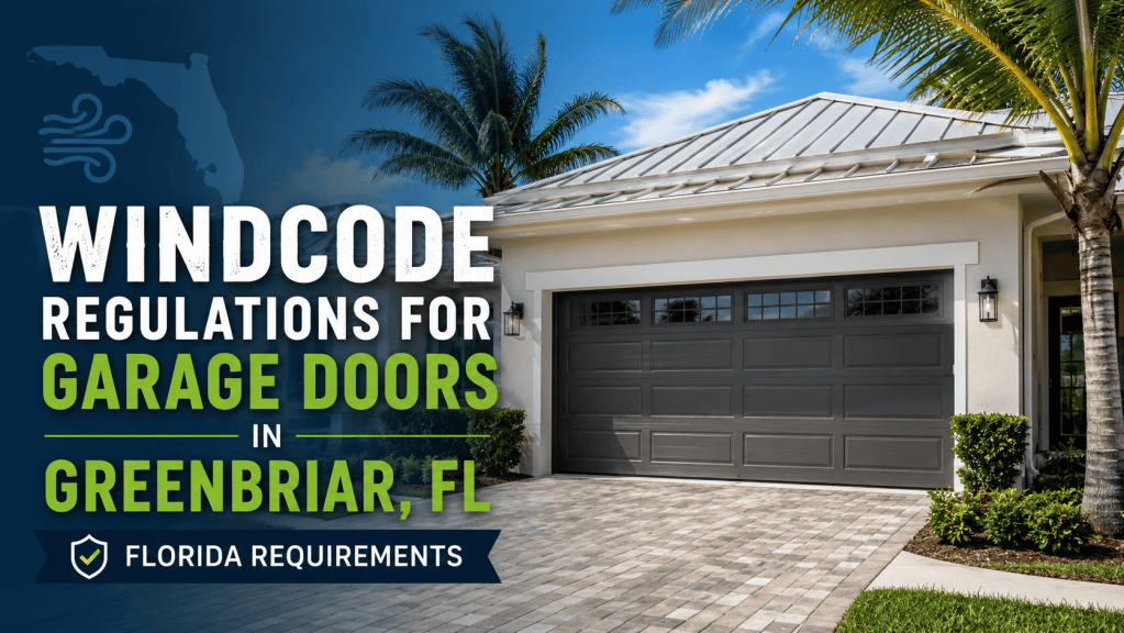 WindCode regulations for garage doors in Greenbriar, Florida, featuring a Florida home with a reinforced garage door and a graphic highlighting Florida requirements.
