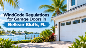 WindCode regulations for garage doors in Belleair Bluffs, FL, with a modern coastal home, white garage door, palm trees, and waterfront views.