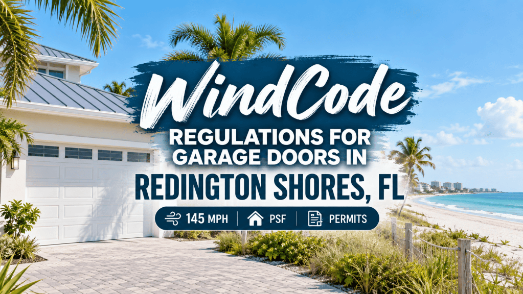WindCode regulations for garage doors in Redington Shores, Florida, featuring a coastal home with a garage, palm trees, and beach, with text highlighting 145 MPH wind ratings, PSF requirements, and permits.