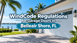 WindCode regulations for garage doors in Belleair Shore, FL, featuring a coastal Florida home with a white garage door and waterfront view.