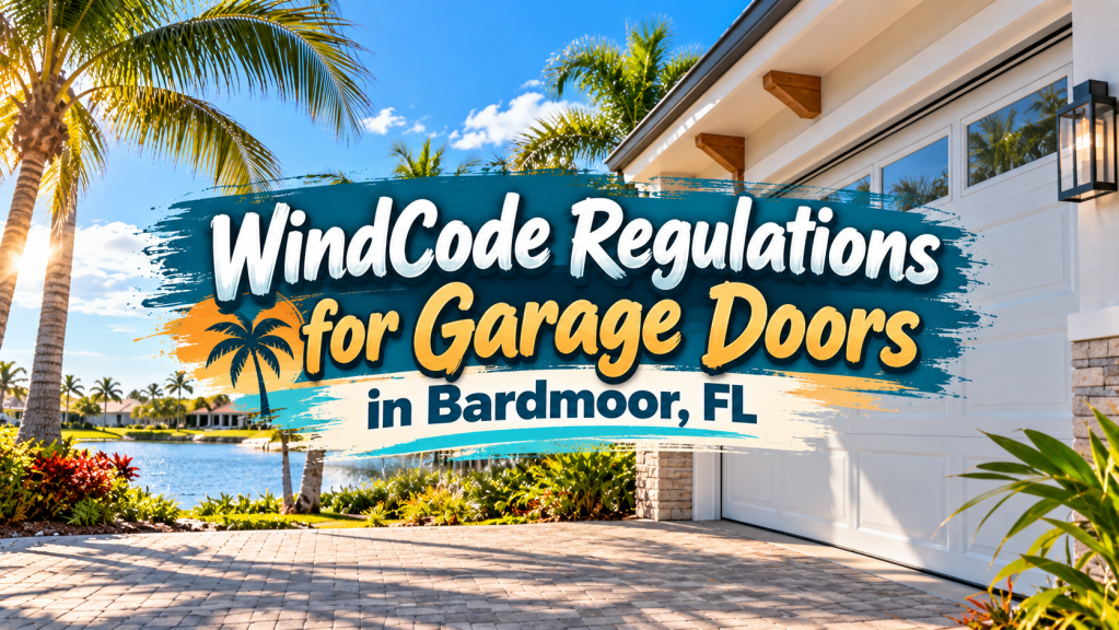 Modern Bardmoor, FL home with a hurricane-rated garage door, palm trees, and tropical landscaping beneath a bright Florida sky, with a WindCode regulations title overlay.