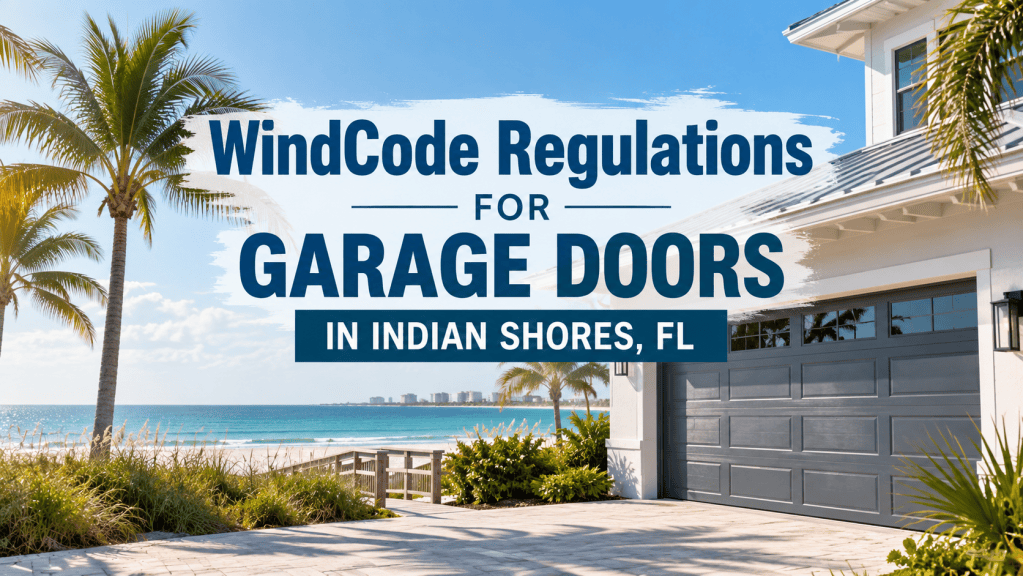 Modern Florida beach home with a garage door overlooking the coast, featuring the title “WindCode Regulations for Garage Doors in Indian Shores, FL