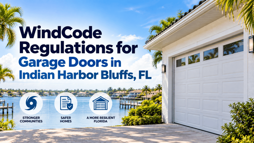 WindCode regulations for garage doors in Indian Harbor Bluffs, FL, with a coastal Florida home, reinforced garage door, palm trees, and waterfront views.