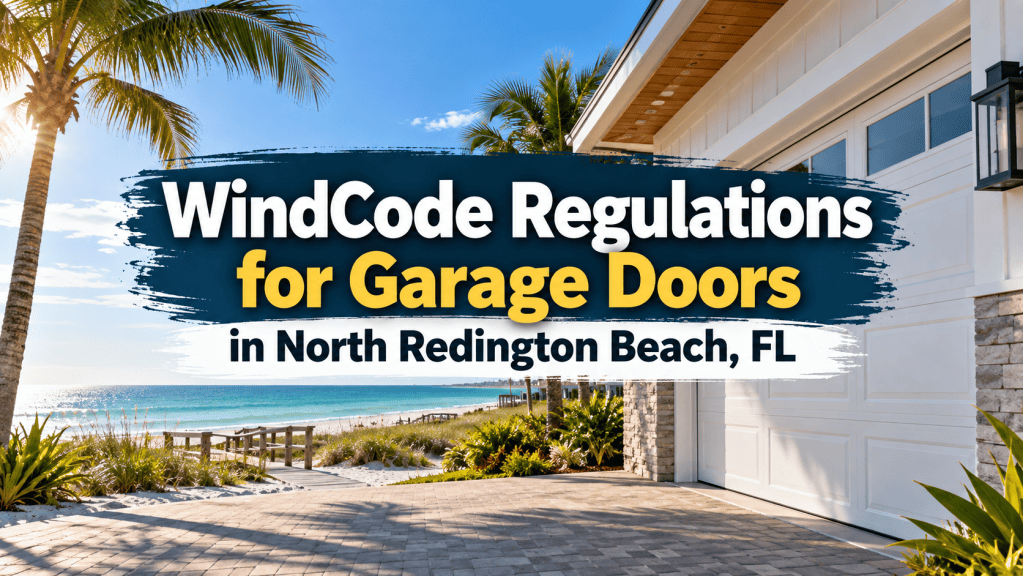 WindCode regulations for garage doors in North Redington Beach, Florida, featuring a coastal home with a white garage door, palm trees, and a sunny beach background.
