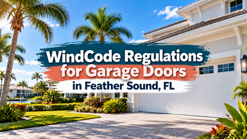 Modern coastal home with a white garage door and palm trees in Feather Sound, FL, featuring WindCode regulations for garage doors.