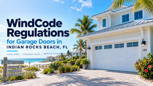 WindCode regulations for garage doors in Indian Rocks Beach, FL, featuring a coastal home with a reinforced garage door, palm trees, and Gulf views.